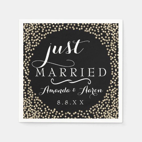 Black WhiteFaux Gold Confetti Wedding Just Married Napkins