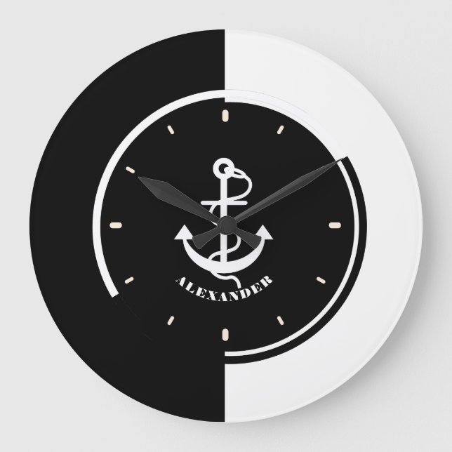 Black & WhiteGeometric Design With Boat Anchor Large Clock (Front)