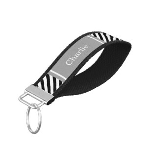 Black Wht Diag Stripe Dk Gray Name Monogram Wrist Keychain