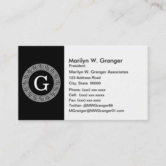 Black Wht Greek Key Rnd Frame Initial Monogram Business Card (Front)