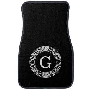 Black Wht Greek Key Rnd Frame Initial Monogram Car Floor Mat