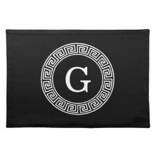 Black Wht Greek Key Rnd Frame Initial Monogram Cloth Placemat