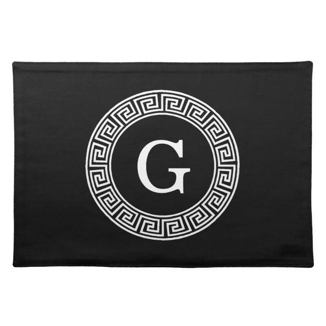 Black Wht Greek Key Rnd Frame Initial Monogram Cloth Placemat (Front)