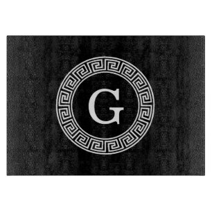 Black Wht Greek Key Rnd Frame Initial Monogram Cutting Board
