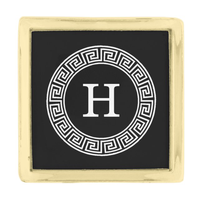 Black Wht Greek Key Rnd Frame Initial Monogram Gold Finish Lapel Pin (Front)