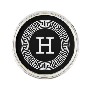 Black Wht Greek Key Rnd Frame Initial Monogram Lapel Pin