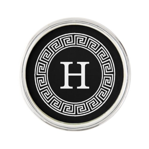 Black Wht Greek Key Rnd Frame Initial Monogram Lapel Pin