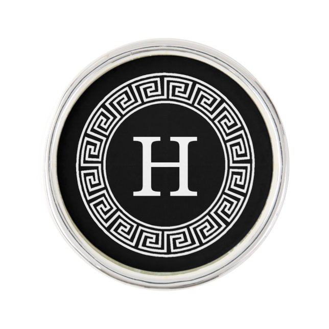 Black Wht Greek Key Rnd Frame Initial Monogram Lapel Pin (Front)