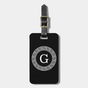 Black Wht Greek Key Rnd Frame Initial Monogram Luggage Tag