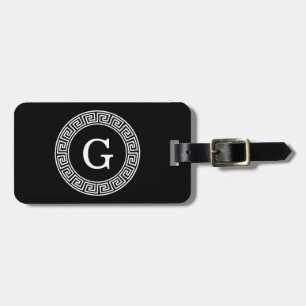 Black Wht Greek Key Rnd Frame Initial Monogram Luggage Tag