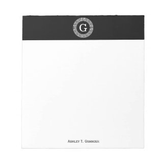 Black Wht Greek Key Rnd Frame Initial Monogram Notepad