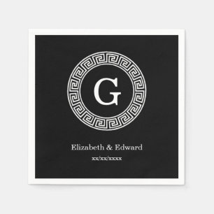 Black Wht Greek Key Rnd Frame Initial Monogram Paper Napkins