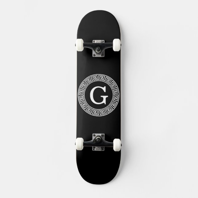 Black Wht Greek Key Rnd Frame Initial Monogram Skateboard (Front)