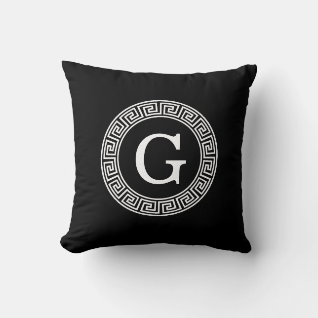 Black Wht Greek Key Rnd Frame Initial Monogram Throw Pillow (Front)