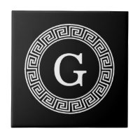 Black Wht Greek Key Rnd Frame Initial Monogram