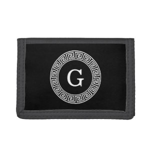 Black Wht Greek Key Rnd Frame Initial Monogram Tri-fold Wallet