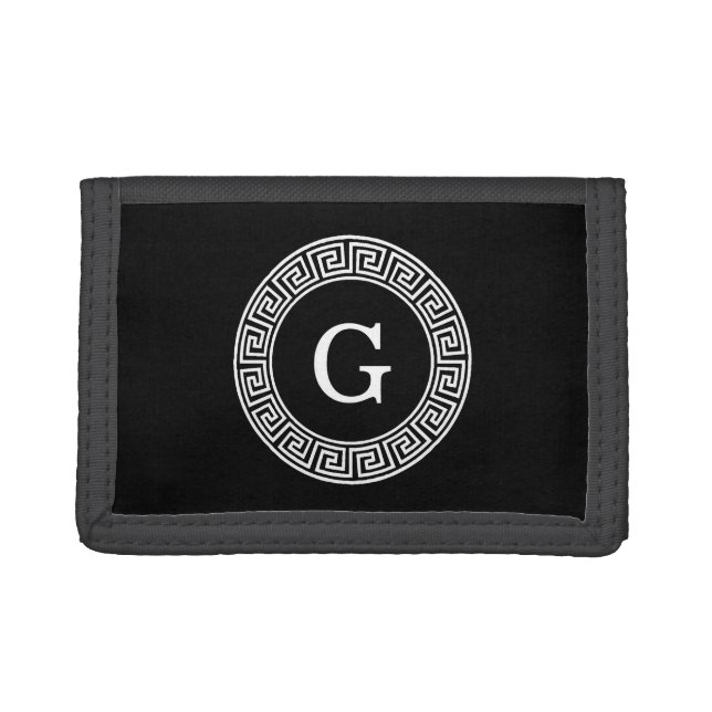 Black Wht Greek Key Rnd Frame Initial Monogram Tri-fold Wallet (Front)