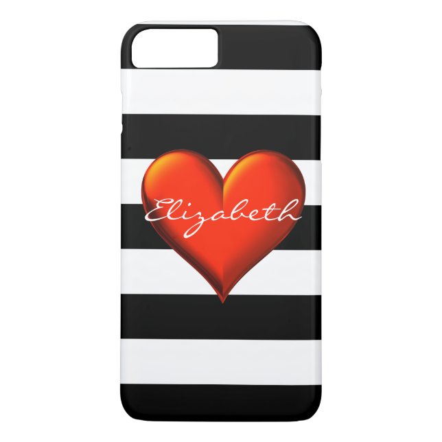 Black Wht Horiz Stripe Red Metallic Heart Monogram Case-Mate iPhone Case (Back)