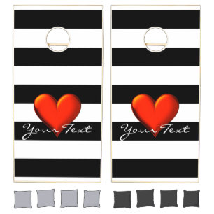 Black Wht Horiz Stripe Red Metallic Heart Monogram Cornhole Set