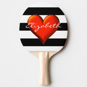 Black Wht Horiz Stripe Red Metallic Heart Monogram Ping-Pong Paddle
