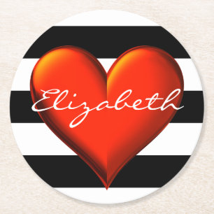 Black Wht Horiz Stripe Red Metallic Heart Monogram Round Paper Coaster