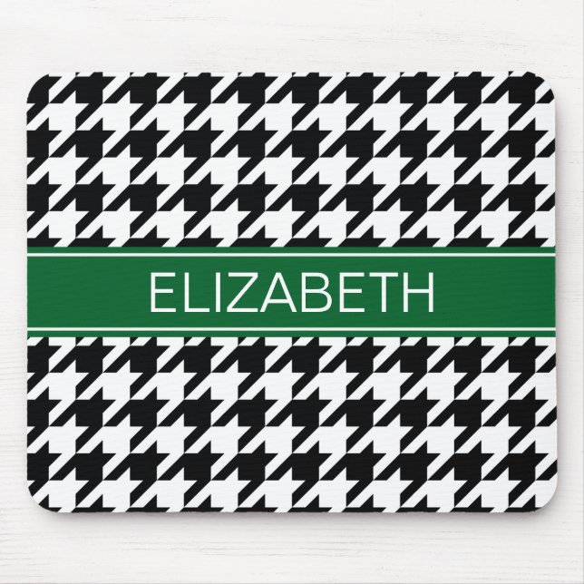 Black Wht Houndstooth #2 Forest Grn Name Monogram Mouse Pad (Front)