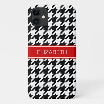 Black Wht Houndstooth #2 Red Name Monogram Iphone 11 Case by FantabulousCases at Zazzle
