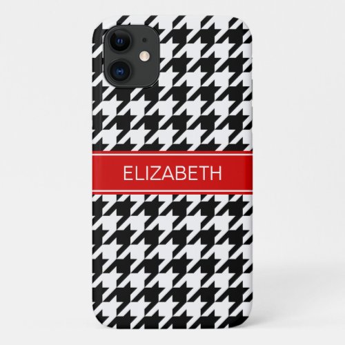 Black Wht Houndstooth 2 Red Name Monogram iPhone 11 Case