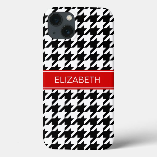 Black Wht Houndstooth #2 Red Name Monogram Case-Mate iPhone Case (Back)