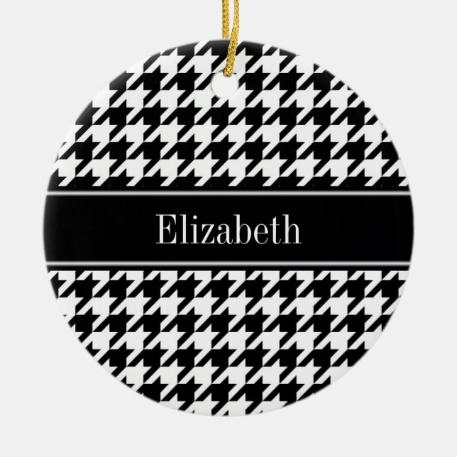Black Wht Houndstooth Black Name Monogram Ceramic Ornament (Front)