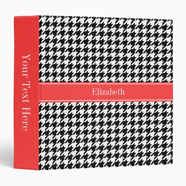 Black Wht Houndstooth Coral Red Name Monogram Binder (Front/Spine)