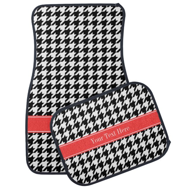 Black Wht Houndstooth Coral Red Name Monogram Car Floor Mat (Set)