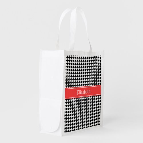 Black Wht Houndstooth Coral Red Name Monogram Reusable Grocery Bag