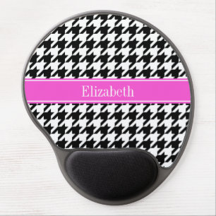 Black Wht Houndstooth Hot Pink Name Monogram Gel Mouse Pad