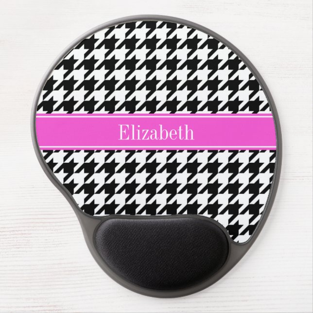 Black Wht Houndstooth Hot Pink Name Monogram Gel Mouse Pad (Front)