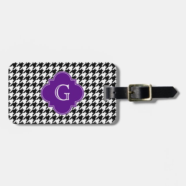 Black Wht Houndstooth Purple Quatrefoil Monogram Luggage Tag (Front Horizontal)