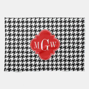 Black Wht Houndstooth Red Quatrefoil 3 Monogram Towel