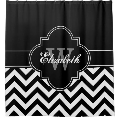 Black Wht LG Chevron Black 1ICBR Name Monogram Shower Curtain