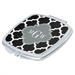 Black Wht Moroccan #5 Charcoal 3 Initial Monogram Makeup Mirror