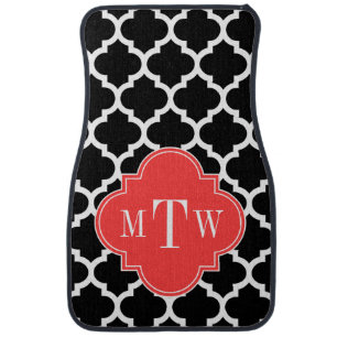 Black Wht Moroccan #5 Coral Red 3 Initial Monogram Car Floor Mat