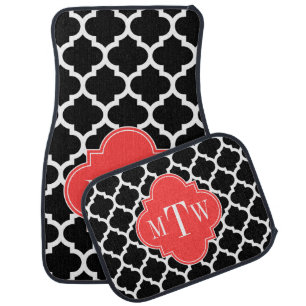 Black Wht Moroccan #5 Coral Red 3 Initial Monogram Car Floor Mat