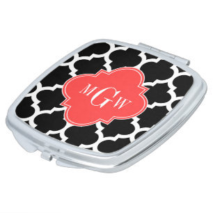 Black Wht Moroccan #5 Coral Red 3 Initial Monogram Mirror For Makeup