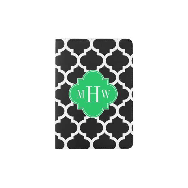 Black Wht Moroccan #5 Emerald 3 Initial Monogram Passport Holder (Front)