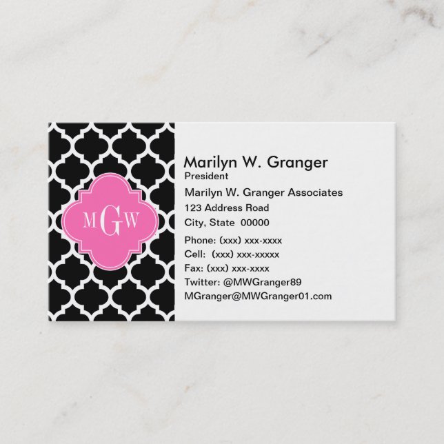 Black Wht Moroccan #5 Hot Pink #2 Name Monogram Business Card (Front)