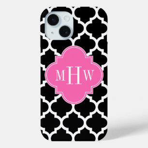 Black Wht Moroccan #5 Hot Pink #2 Name Monogram iPhone 15 Case