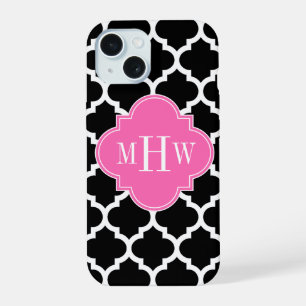 Black Wht Moroccan #5 Hot Pink #2 Name Monogram iPhone 15 Case