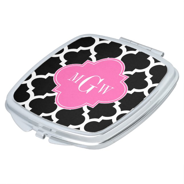 Black Wht Moroccan #5 Hot Pink #2 Name Monogram Makeup Mirror (Turned)