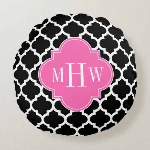 Black Wht Moroccan 5 Hot Pink 2 Name Monogram Round Pillow