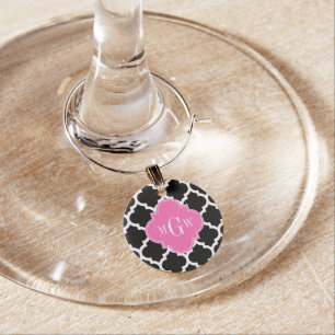 Black Wht Moroccan #5 Hot Pink #2 Name Monogram Wine Charm