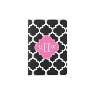 Black Wht Moroccan #5 Hot Pink 3 Initial Monogram Passport Holder